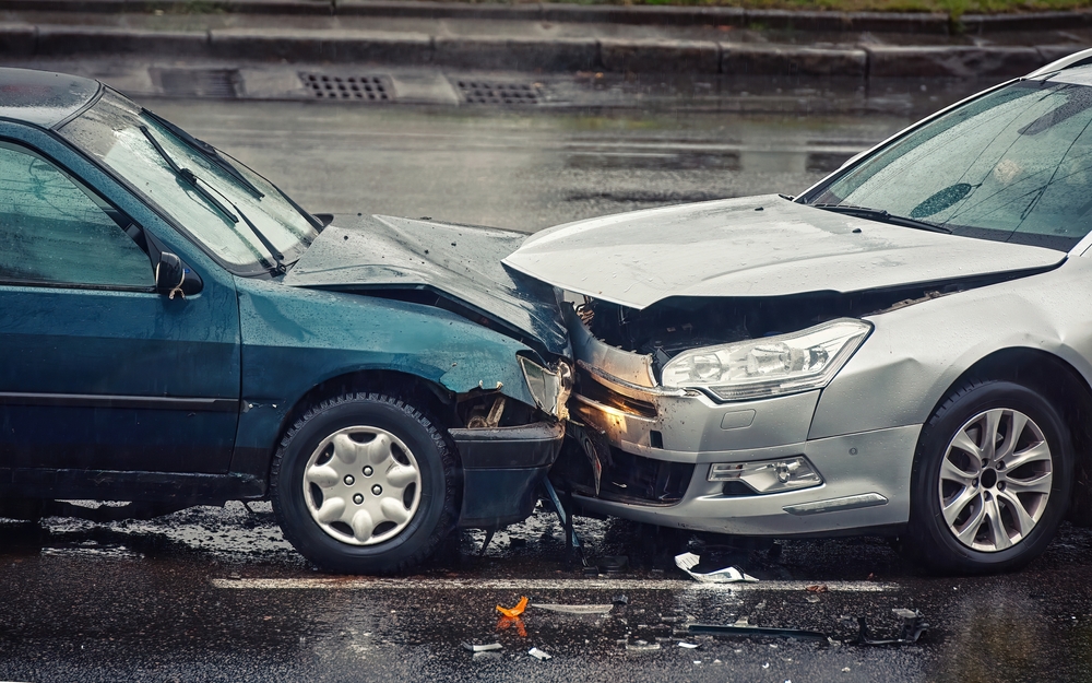 Car,Accident,On,Wet,Road,During,Rain,,Head,On,Collision