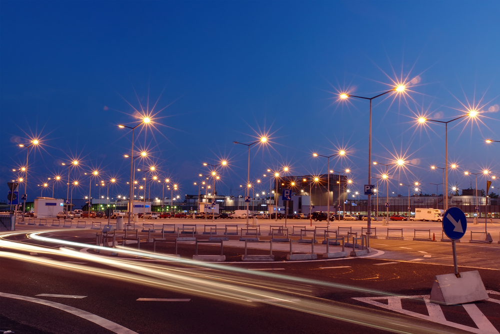 Lanterns,At,Shopping,Mall,Parking,Lot,Illuminated,At,Night