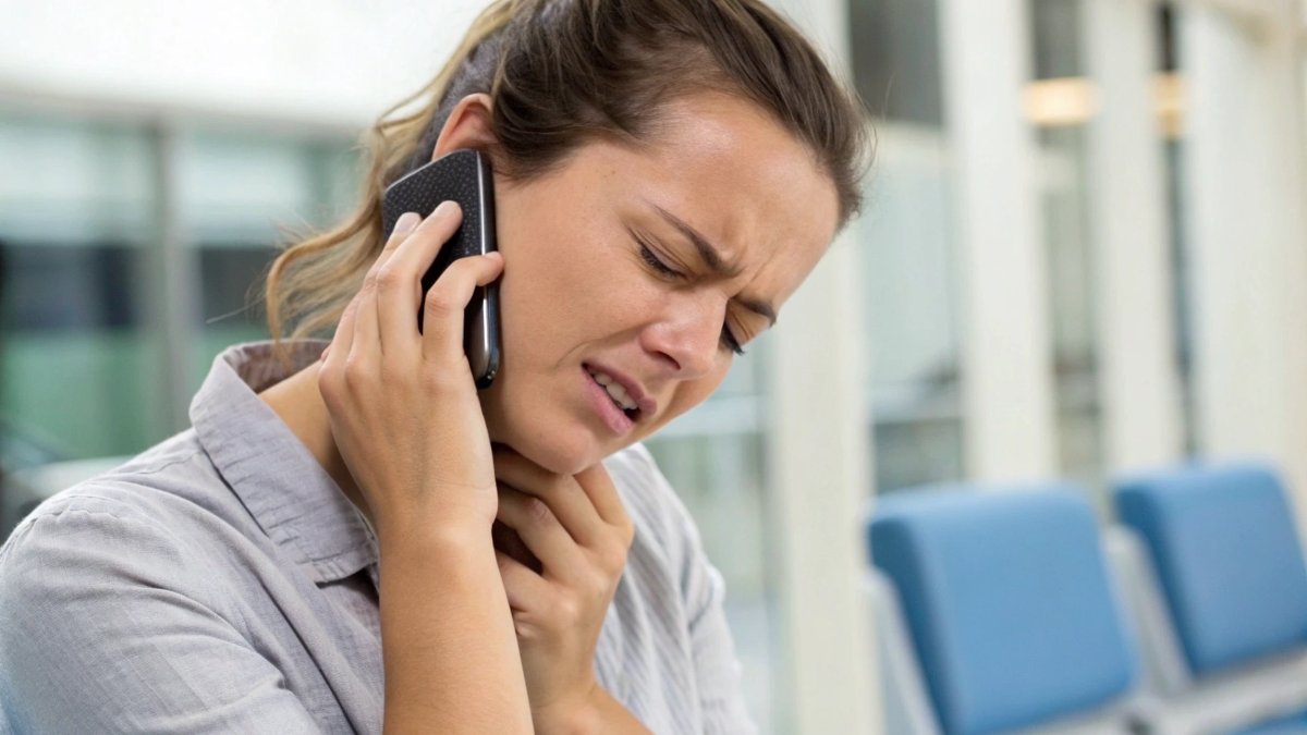 Woman holding her cell phone with one hand and her neck with the other in pain after she was in a car accident thinking about hiring an attorney